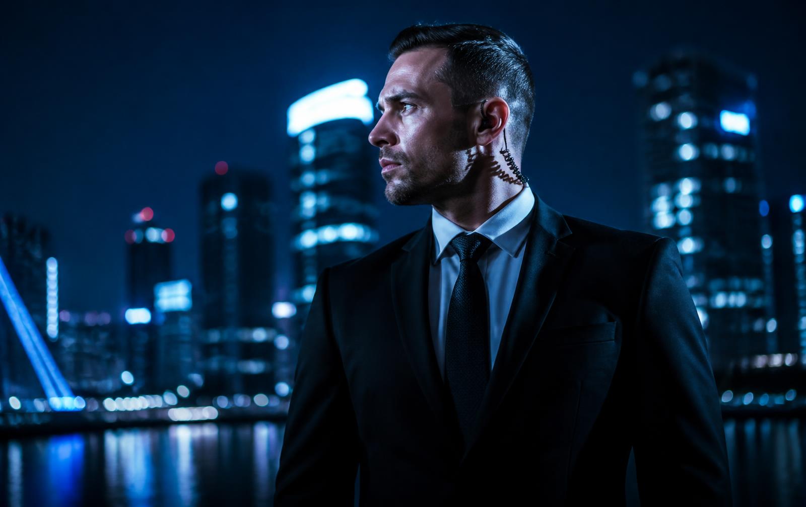 Security professional on watch at night in front of a city skyline